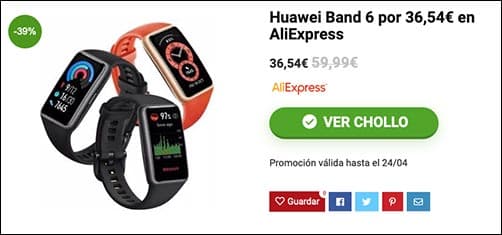 Oferta por la pulsera de actividad Huawei Band 6 por 39,99€